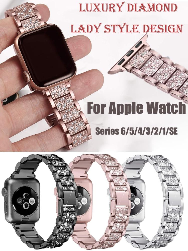 For Apple Watch Band Series 6 5 4 3 2 1 Women Lady Diamond Band Strap for iWatch 6 44MM 40MM 42MM 38MM Stainless Steel Bracelet