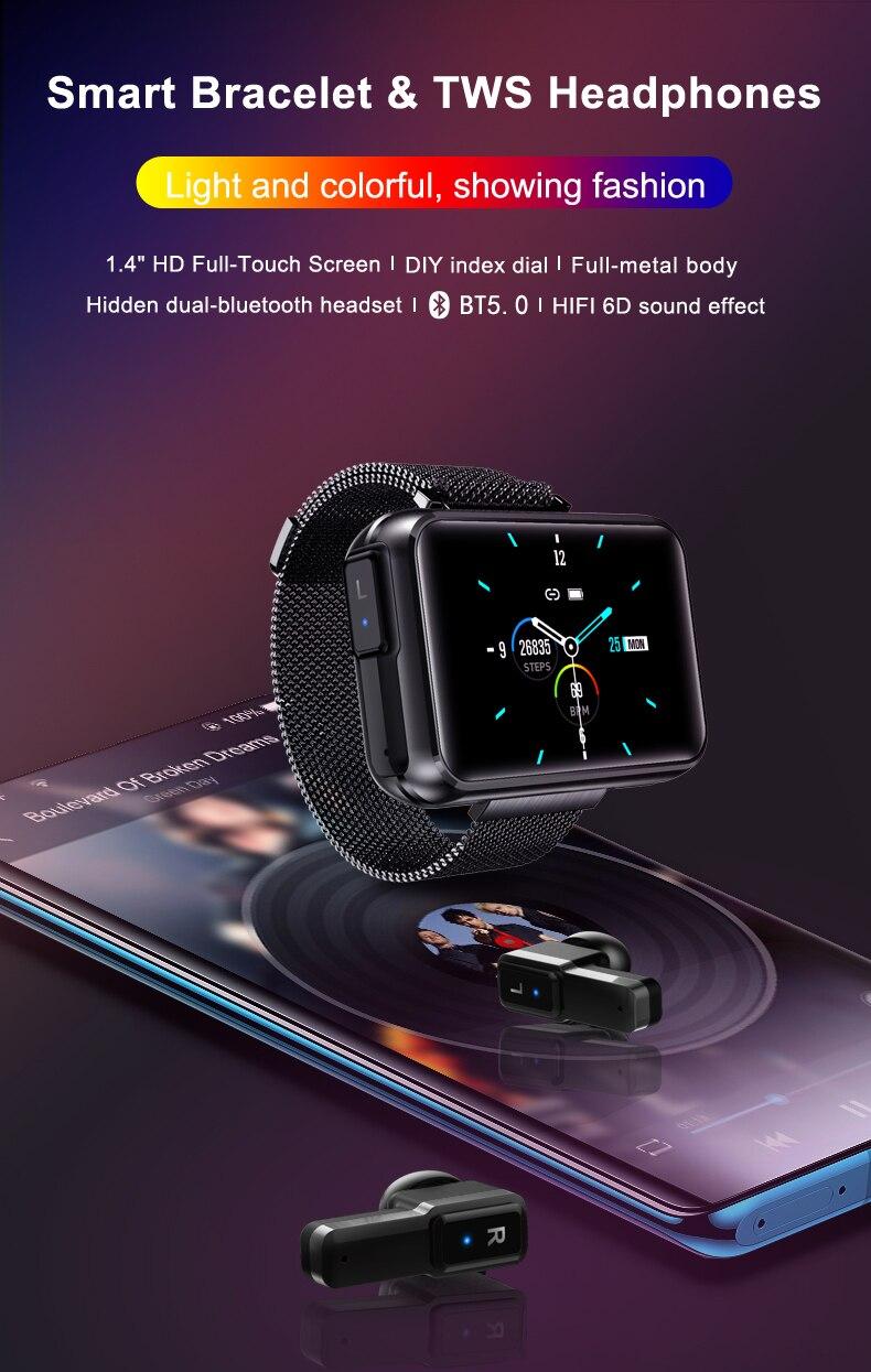 T91 2 In 1 TWS Smart Watch Wireless Bluetooth Headset Women Bracelet 1.4'' Heart Rate Monitor Sports Fitness Watch Men Wristband