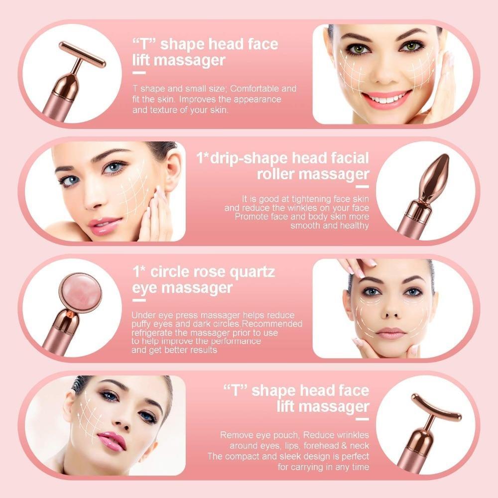4 in 1 Vibrating Rose Quartz Roller Face Roller Eye Massager Jade Roller T/V Shaped Face Lifting Slimming Beauty Bar Massager