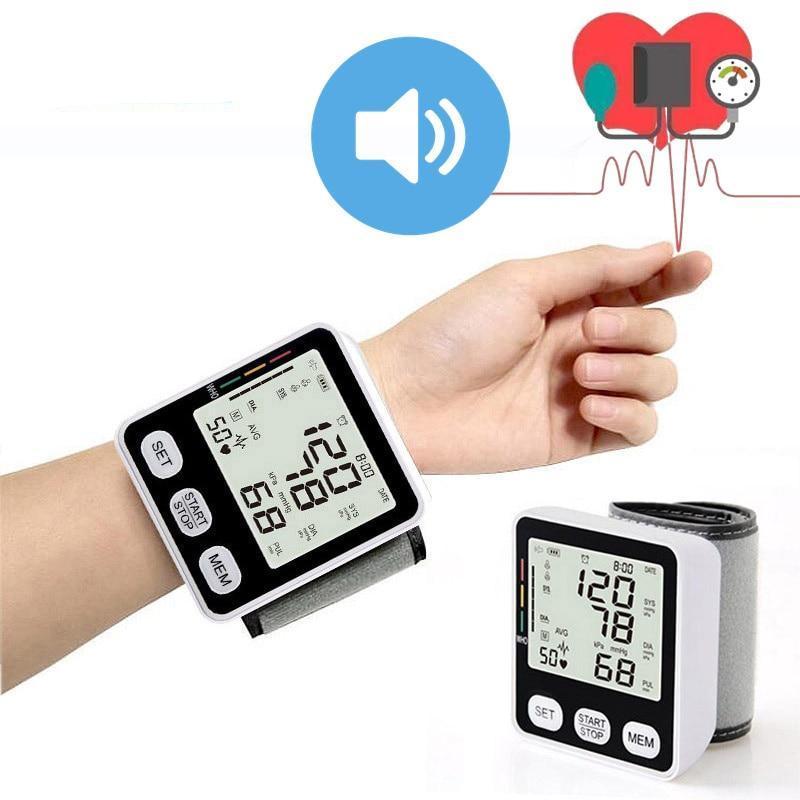 Digital Wrist Blood Pressure Monitor Automatic Sphygmomanometer English Voice BP Tonometer Heart Rate Pulse Meter Tensiometer