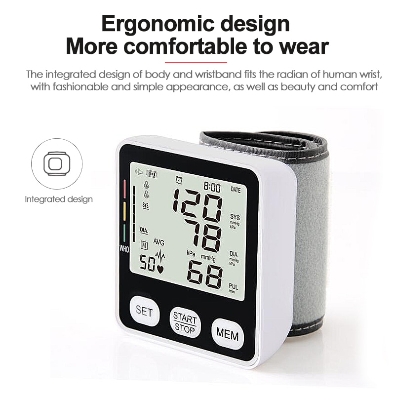 Digital Wrist Blood Pressure Monitor Automatic Sphygmomanometer English Voice BP Tonometer Heart Rate Pulse Meter Tensiometer