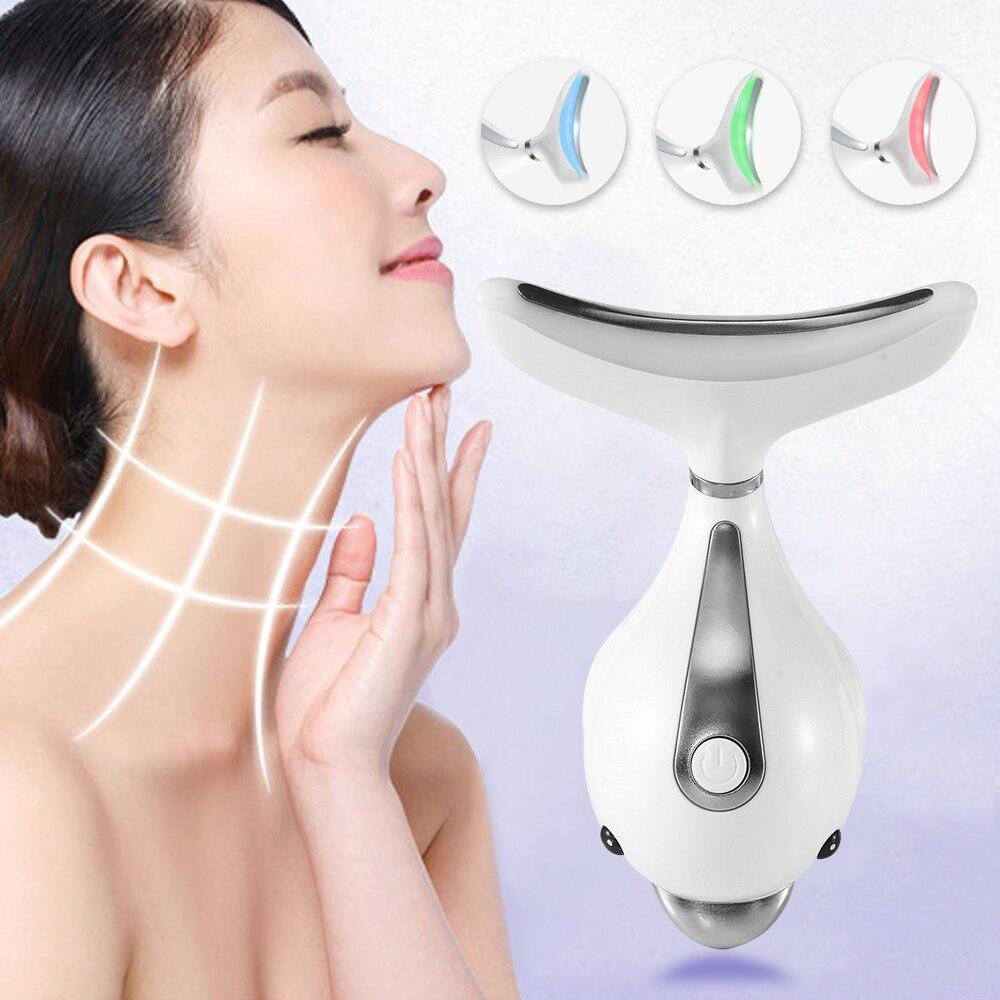 3 Colors Led Facial Neck Massager PhotonTherapy Heating Face Neck Wrinkle Removal Machine Reduce Double Chin Skin Lift