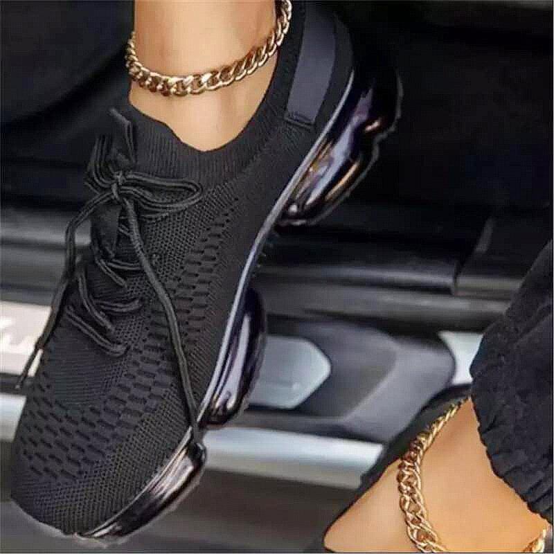 Hot Sale New Style Women's Air Cushion Net Shoes 2021 Fashion Flying Woven Women's Shoes Front Lace-Up Breathable Running Shoes