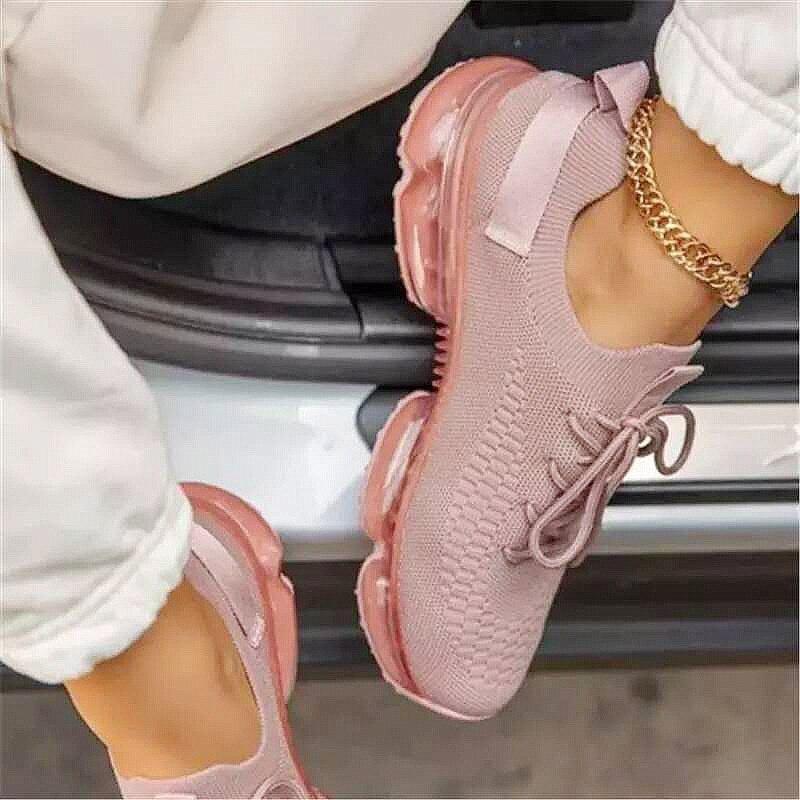 Hot Sale New Style Women's Air Cushion Net Shoes 2021 Fashion Flying Woven Women's Shoes Front Lace-Up Breathable Running Shoes