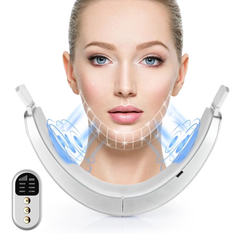 Face Lifting EMS Machine Massager Slimming Double Chin Reducer Blue LED Photon Therapy Chin V-Line Up Lift Belt Remote Control