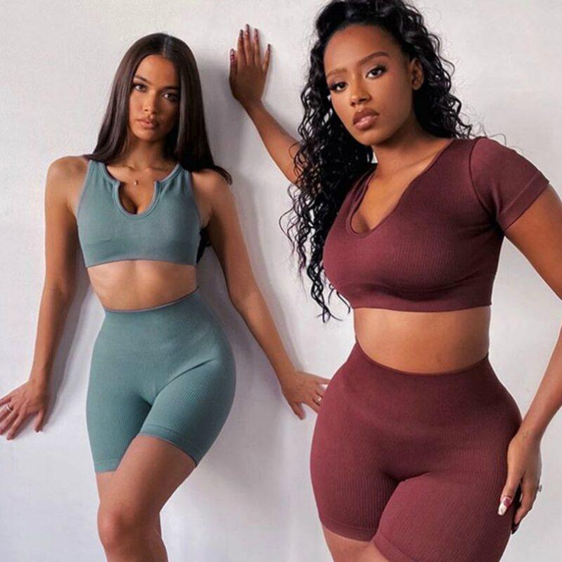 Seamless Set Women Gym Workout Ribbed 2 Piece Outfits Cycling Shorts Fitness Wear Yoga Scoop Neck Sports Bras Biker Notch Padded