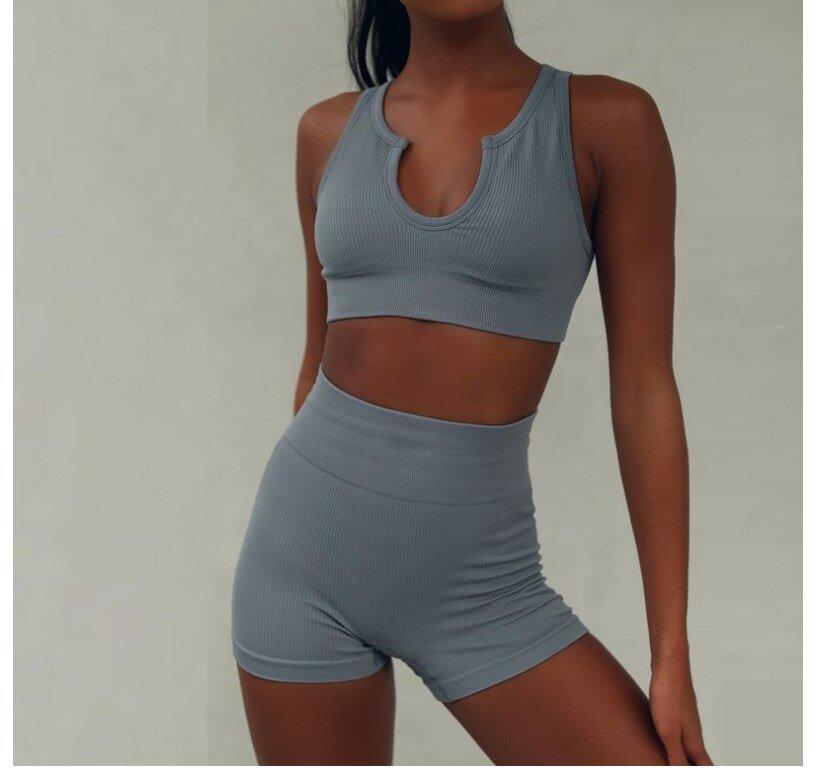 Ribbed 2 Piece Seamless Set Women Gym Workout Outfits Cycling Shorts Fitness Wear Yoga Scoop Neck Sports Bras Biker Notch Padded