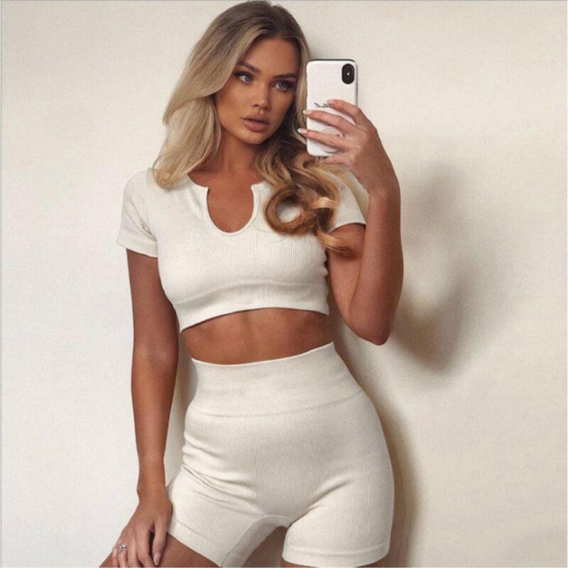 Seamless Set Women Gym Workout Ribbed 2 Piece Outfits Cycling Shorts Fitness Wear Yoga Scoop Neck Sports Bras Biker Notch Padded - Image 5