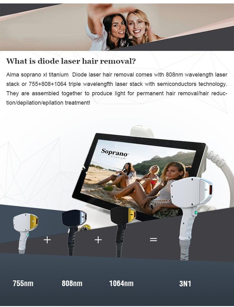 Ice Titanium Soprano Instrument Painless Permanent Epilator 755 808 1064nm Triple Wavelength Diode Laser Hair Removal Machine
