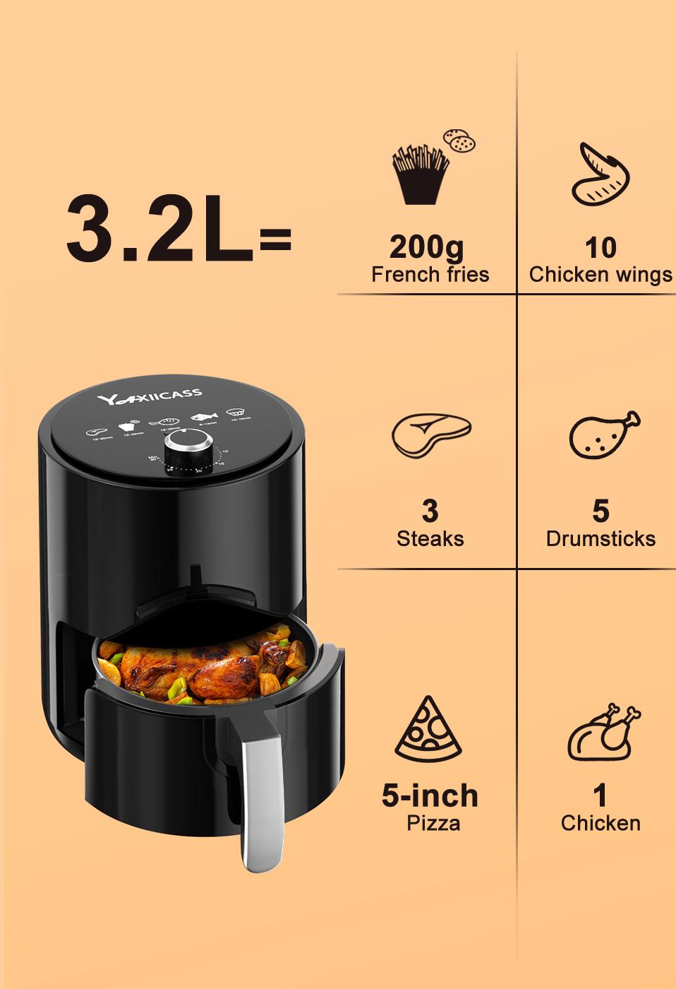 YAXIICASS 3.2L Large Capacity Air Fryer 360° Baking Deep Fryer Without Oil With Timer Control Electric Oven For Home Smart Frier