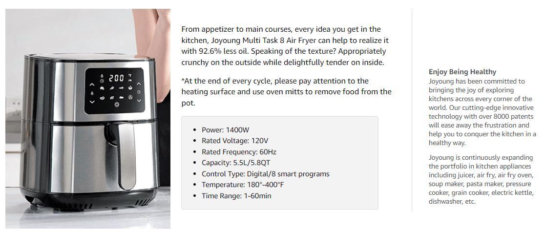 JOYOUNG Air Fryer Oven 5.8Qt Big Capacity Air Fryer Toaster Oven, 8 Presets with AirFryer Cookbook, 1400W, LED Digital Screen,