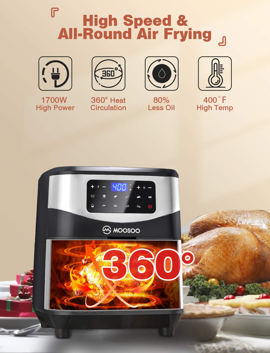 MOOSOO MA18 Air Fryer 7.4 QT XL Capacity, 10-in-1 Electric Air Fryers Oven, 1700W Stainless Steel Airfryer with Digital Screen