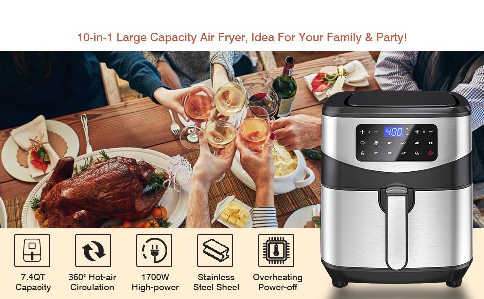 MOOSOO MA18 Air Fryer 7.4 QT XL Capacity, 10-in-1 Electric Air Fryers Oven, 1700W Stainless Steel Airfryer with Digital Screen