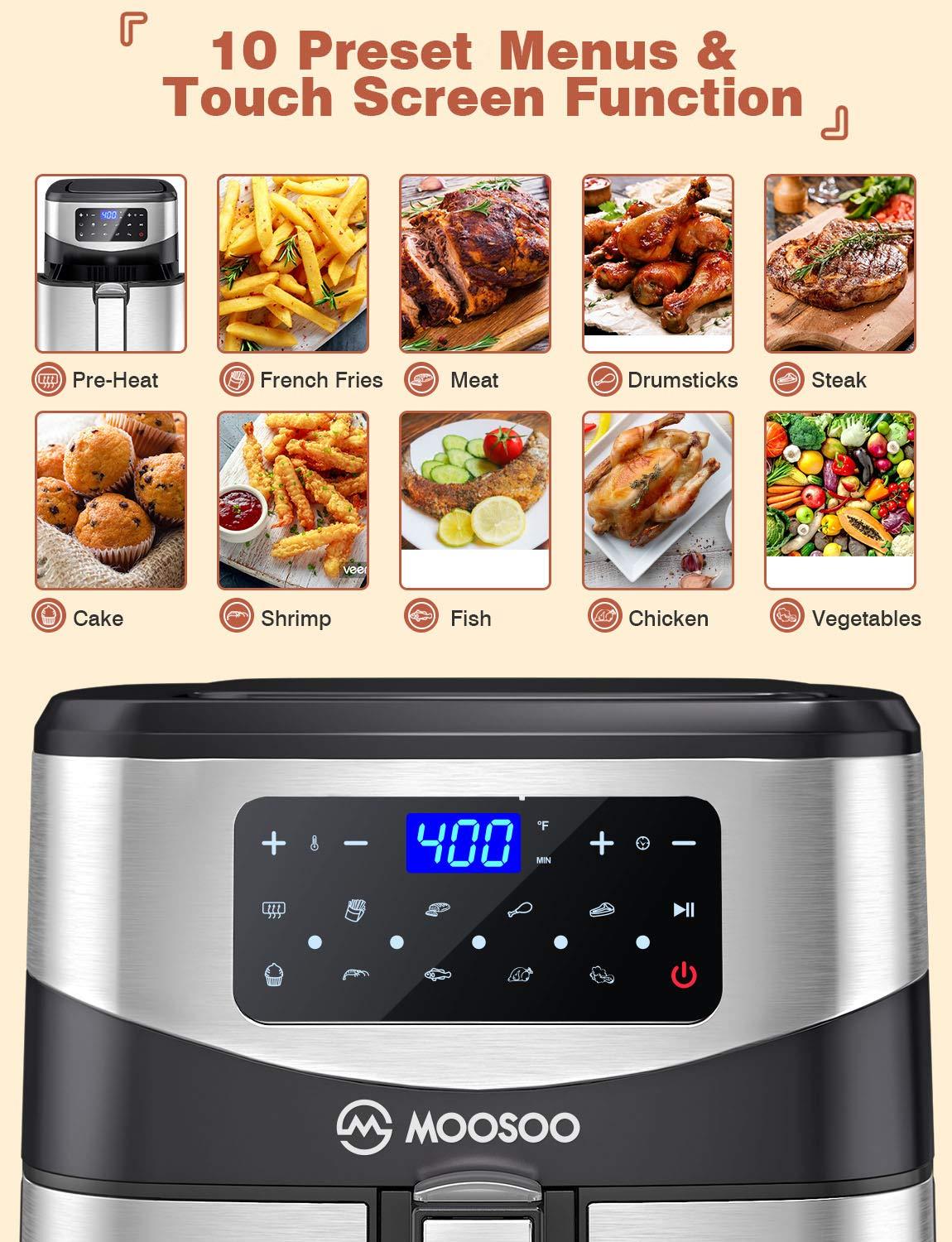 MOOSOO MA18 Air Fryer 7.4 QT XL Capacity, 10-in-1 Electric Air Fryers Oven, 1700W Stainless Steel Airfryer with Digital Screen