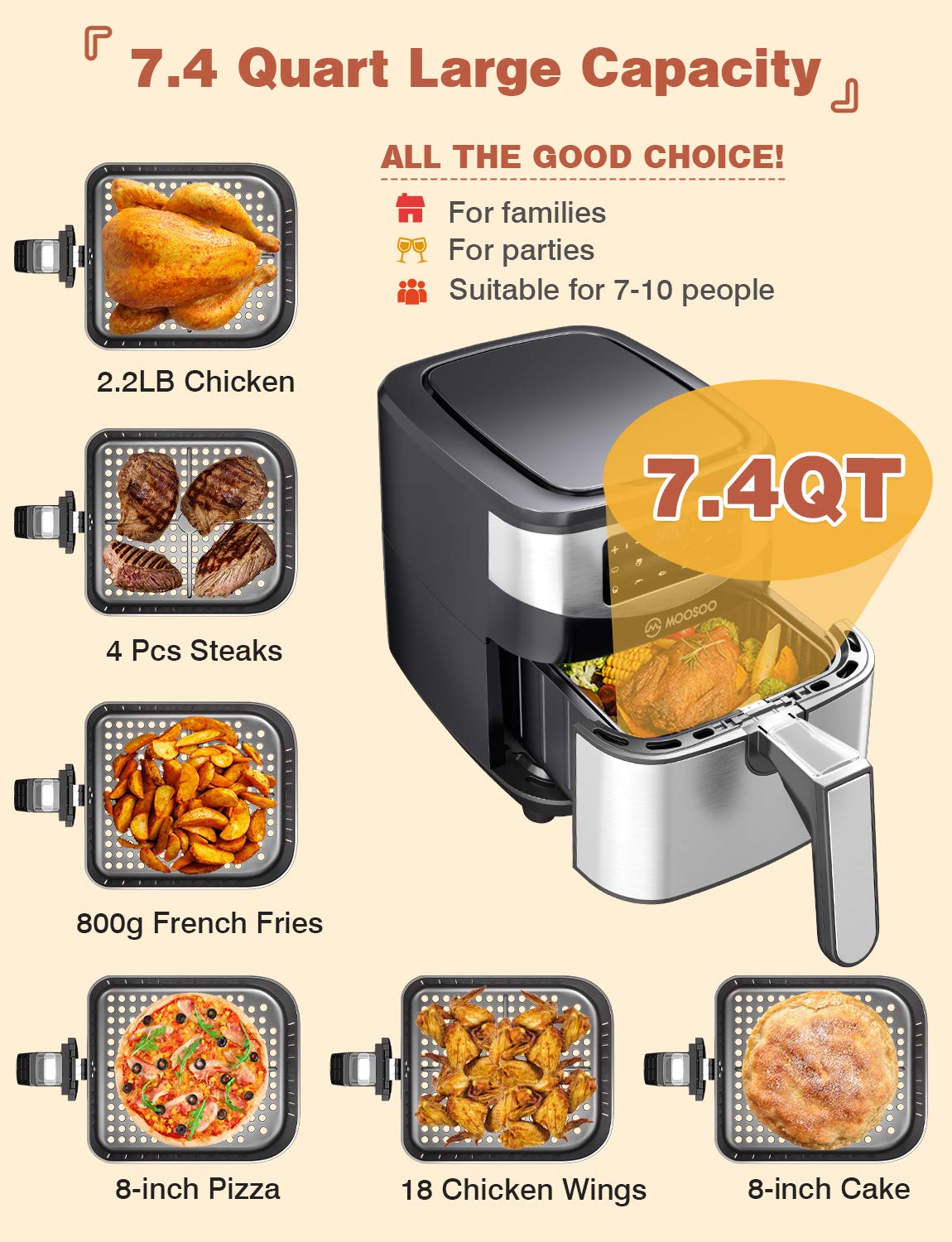 MOOSOO MA18 Air Fryer 7.4 QT XL Capacity, 10-in-1 Electric Air Fryers Oven, 1700W Stainless Steel Airfryer with Digital Screen