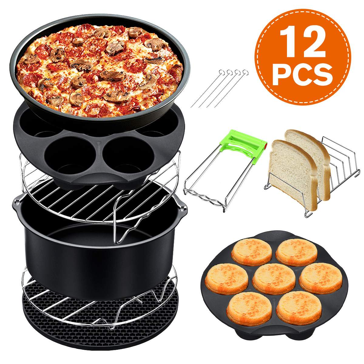 12pcs Air Fryer Accessories 8 Inch Fit for Airfryer 5.2-5.8QT Baking Basket Pizza Plate Grill Pot Kitchen Cooking Tool for Party