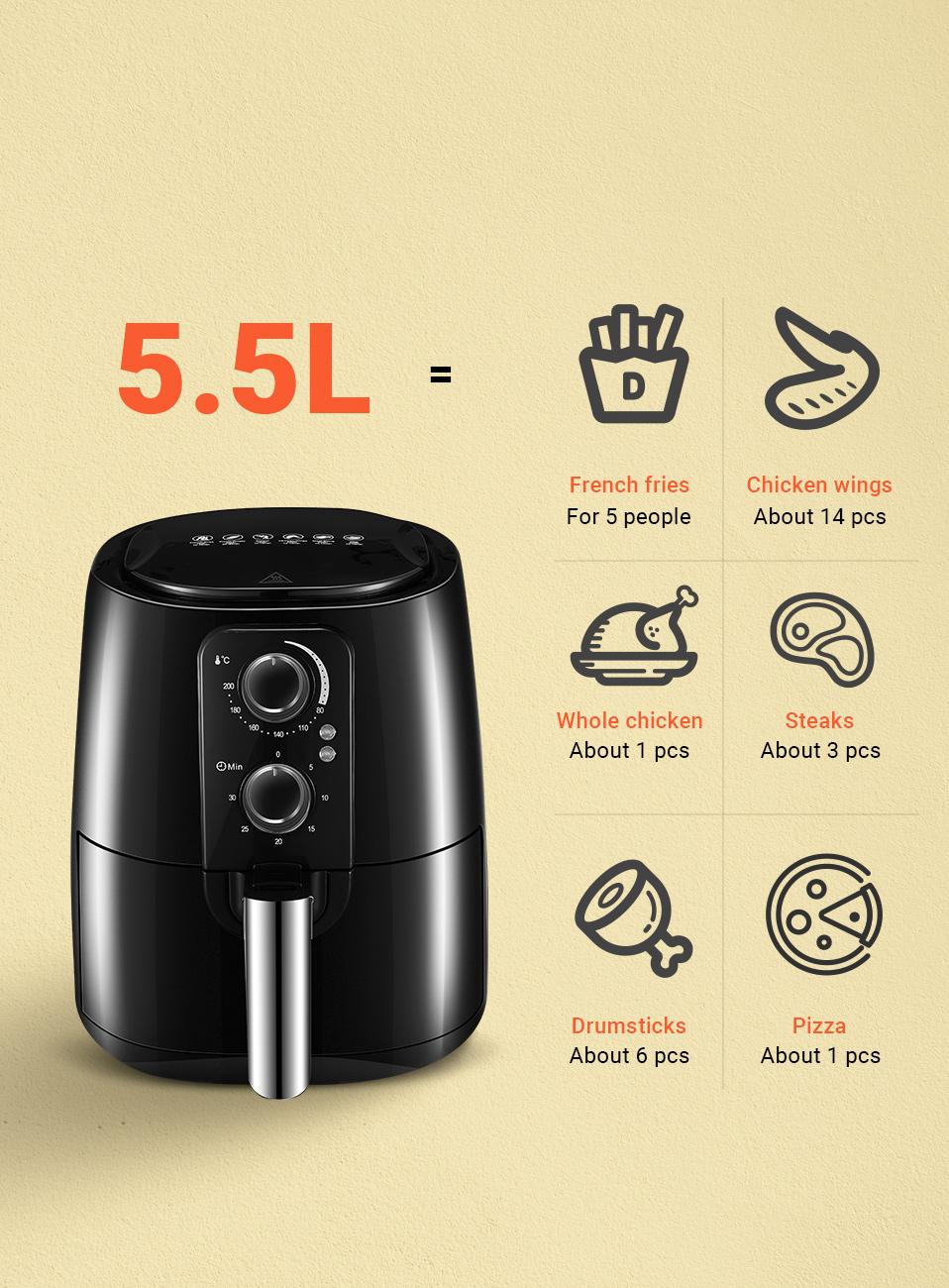 YAXIICASS Air Fryer Without Oil 5.5L Large Capacity Air Friers 1500W Multifunctional 360° Baking Electric Oven With Fried Basket