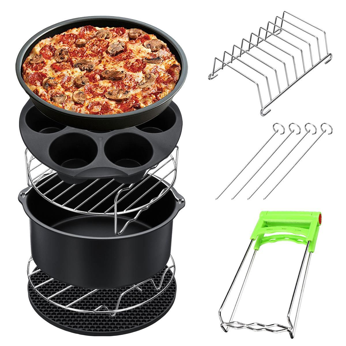 12pcs Air Fryer Accessories 8 Inch Fit for Airfryer 5.2-5.8QT Baking Basket Pizza Plate Grill Pot Kitchen Cooking Tool for Party