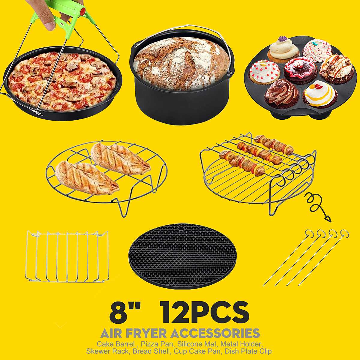 12pcs Air Fryer Accessories 8 Inch Fit for Airfryer 5.2-5.8QT Baking Basket Pizza Plate Grill Pot Kitchen Cooking Tool for Party