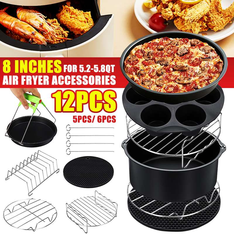 12Pcs Air Fryer Accessories 8 Inch for Air fryer 5.2-5.8QT Baking Basket Pizza Plate Grill Pot Kitchen Cooking Tool for Party