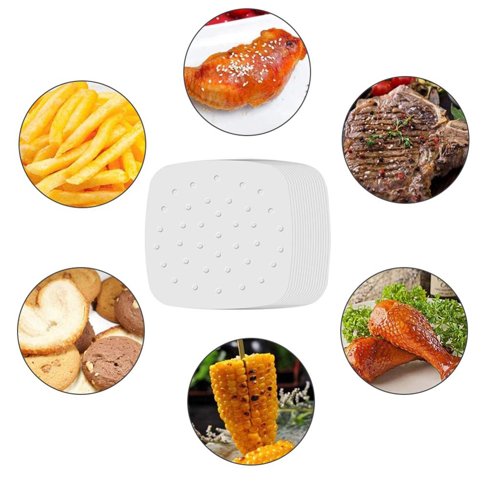 100pcs Baking Oil Paper With Hole Air Fryer Baking Paper Bun Cake Paper Non-Stick Steaming Basket Mat Baking Cooking Accessor