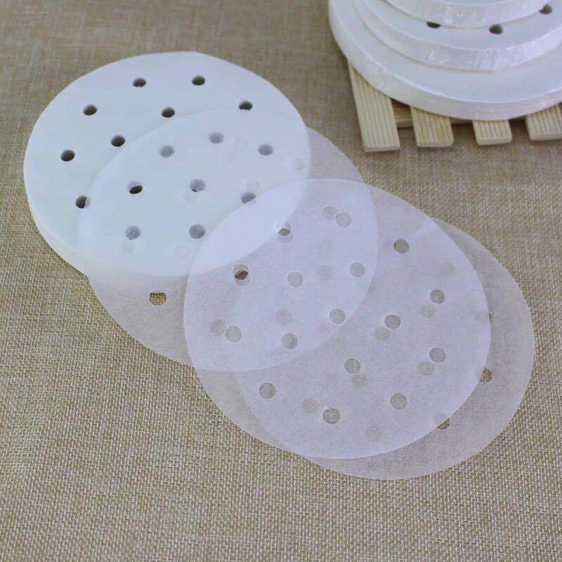 100pcs Baking Oil Paper With Hole Air Fryer Baking Paper Bun Cake Paper Non-Stick Steaming Basket Mat Baking Cooking Accessor