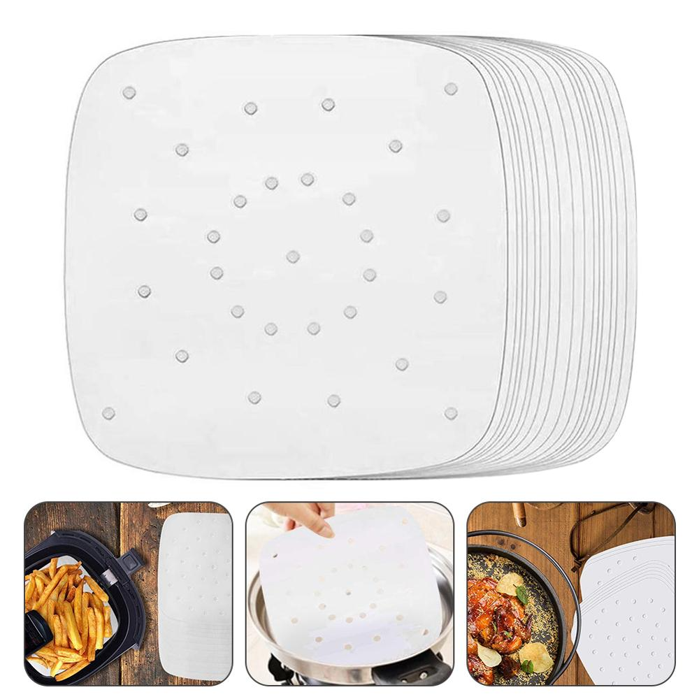 100pcs Baking Oil Paper With Hole Air Fryer Baking Paper Bun Cake Paper Non-Stick Steaming Basket Mat Baking Cooking Accessor