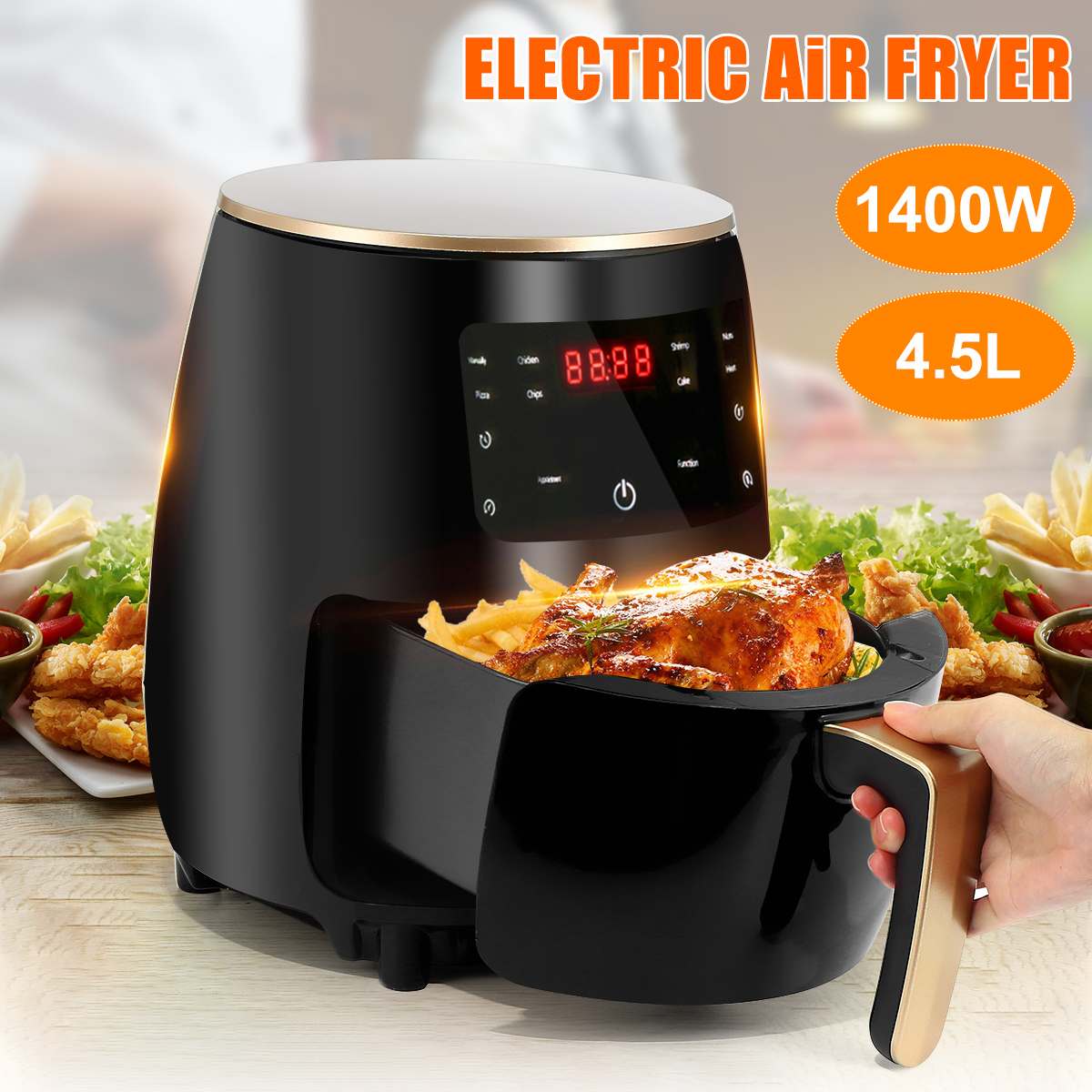 Electric Deep Fryer Without Oil 4.5L Smart Air Fryer Oven Home Toaster Rotisserie Dehydrator LED Touch French Fries Machine