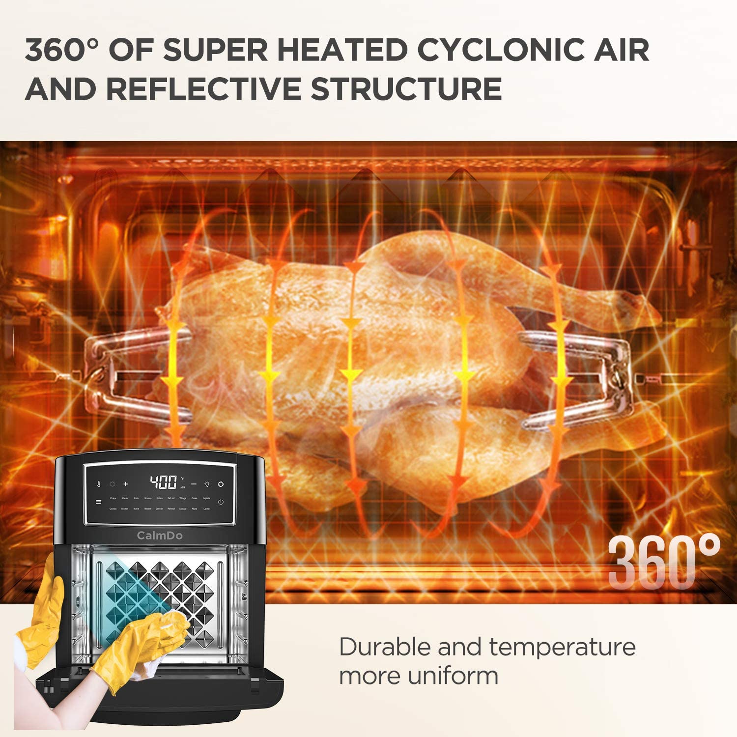 CalmDo 12L/12.7QT 1500W Electric Air Fryer Oven MI-CYCLONE Rotisserie Dehydrator LED Large Capacity Chicken Frying Machine