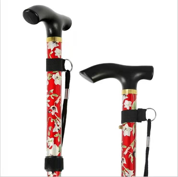 Lightweight Foldable Walking Sticks for Elderly Old Man Telescopic 93cm Adjustable Folding Floral Metal Cane Trekking Hiking