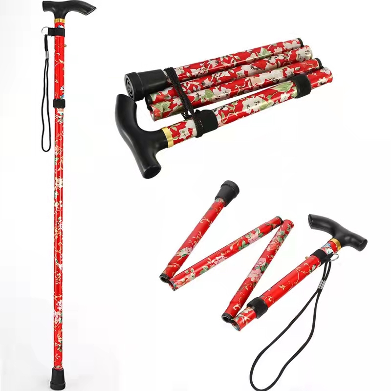 Lightweight Foldable Walking Sticks for Elderly Old Man Telescopic 93cm Adjustable Folding Floral Metal Cane Trekking Hiking