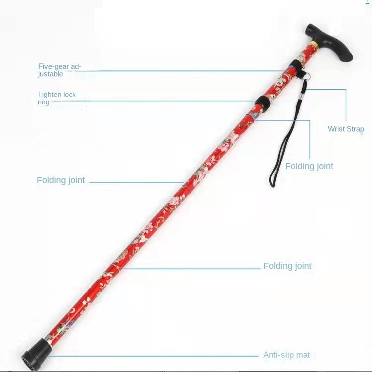 Lightweight Foldable Walking Sticks for Elderly Old Man Telescopic 93cm Adjustable Folding Floral Metal Cane Trekking Hiking