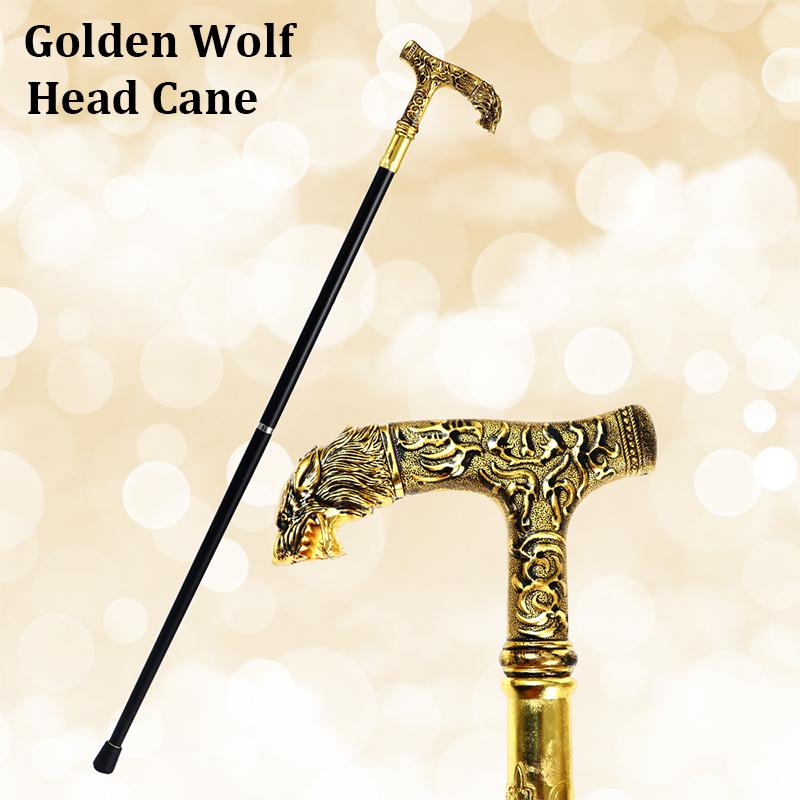 2021 Gold Wolf Head Crutches Walking Stick Cane Fashion Party Elegant Hand Crutch 2 Piece To Assmble Self-defense Stick Camping
