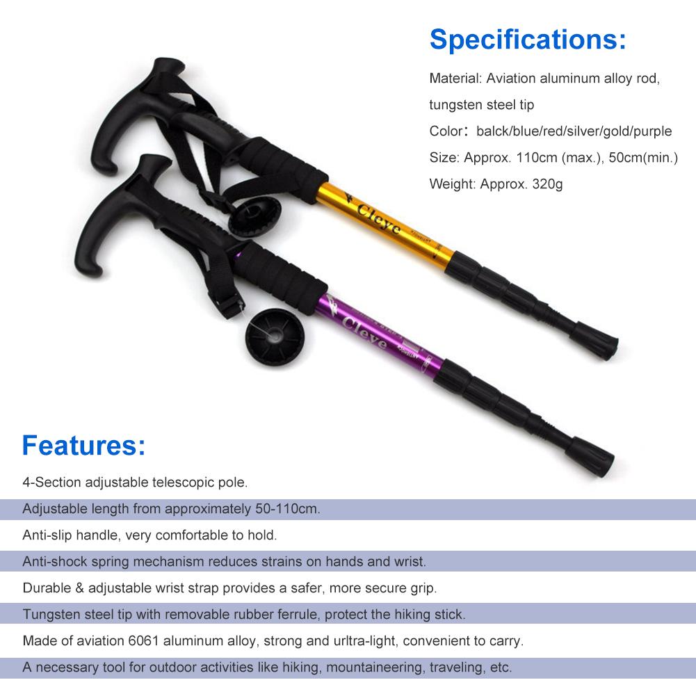 Anti Shock Trekking Pole Ultralight Walking Sticks Adjustable Hiking Canes Telescopic Crutch 4 Section Adjustable Camping Tools