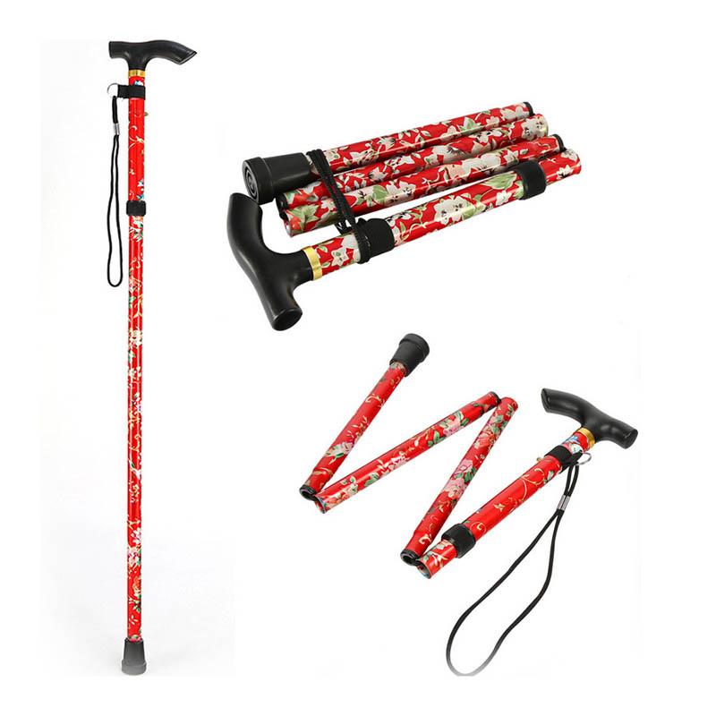 Lightweight Foldable Walking Sticks For Elderly Women Men Telescopic 93cm Adjustable Folding Floral Metal Cane Climbing Hiking