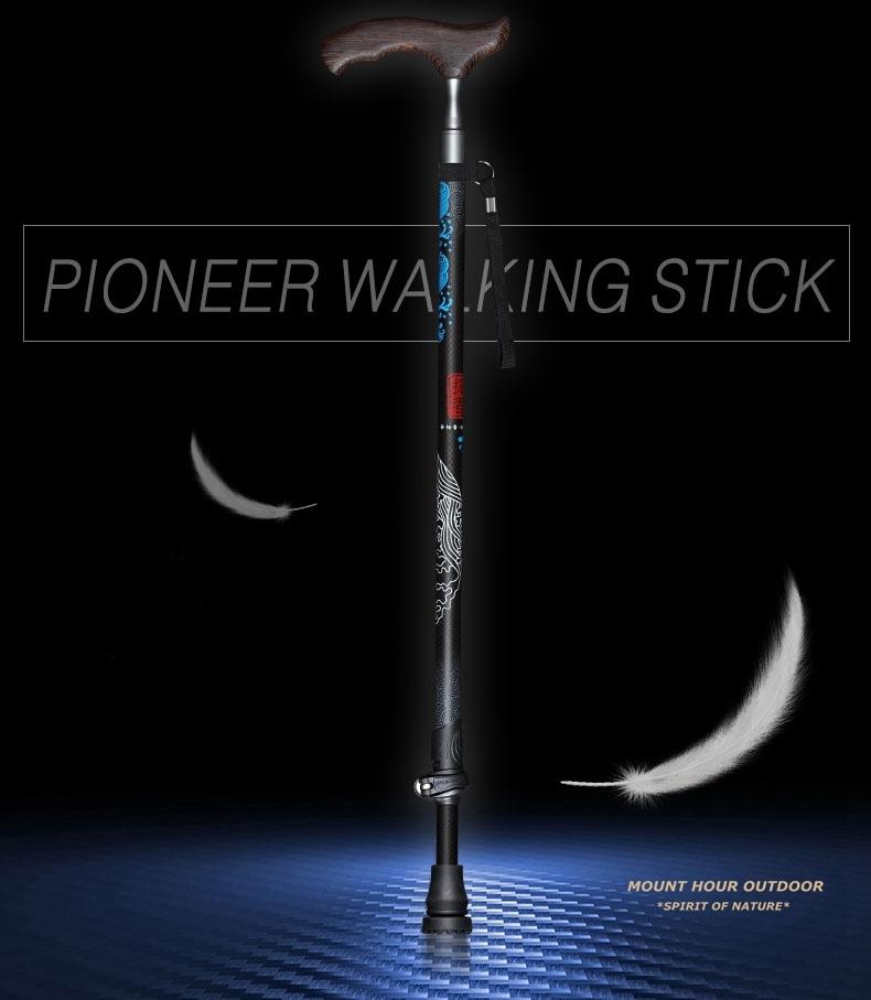 Pioneer 1 Pcs Carbon Fiber Walking Stick Wood T Handle Ultralight Tourism Cane Portable Trekking Pole For Outdoor Camping Hiking