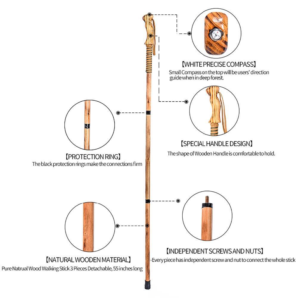 FOREST PILOT 3 Piece Detachable Nature Wood Hiking Stick Compass Decor Trekking Poles Outdoor Camping Elderly Walking Cane 2022