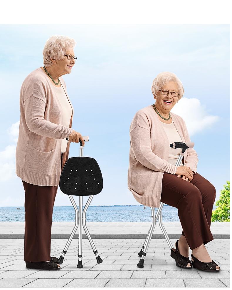Walking Stick for the Elderly Chair Elderly Walking Stick Cane Stool Folding Cane with Four Feet Seat Lightweight Anti-Slip
