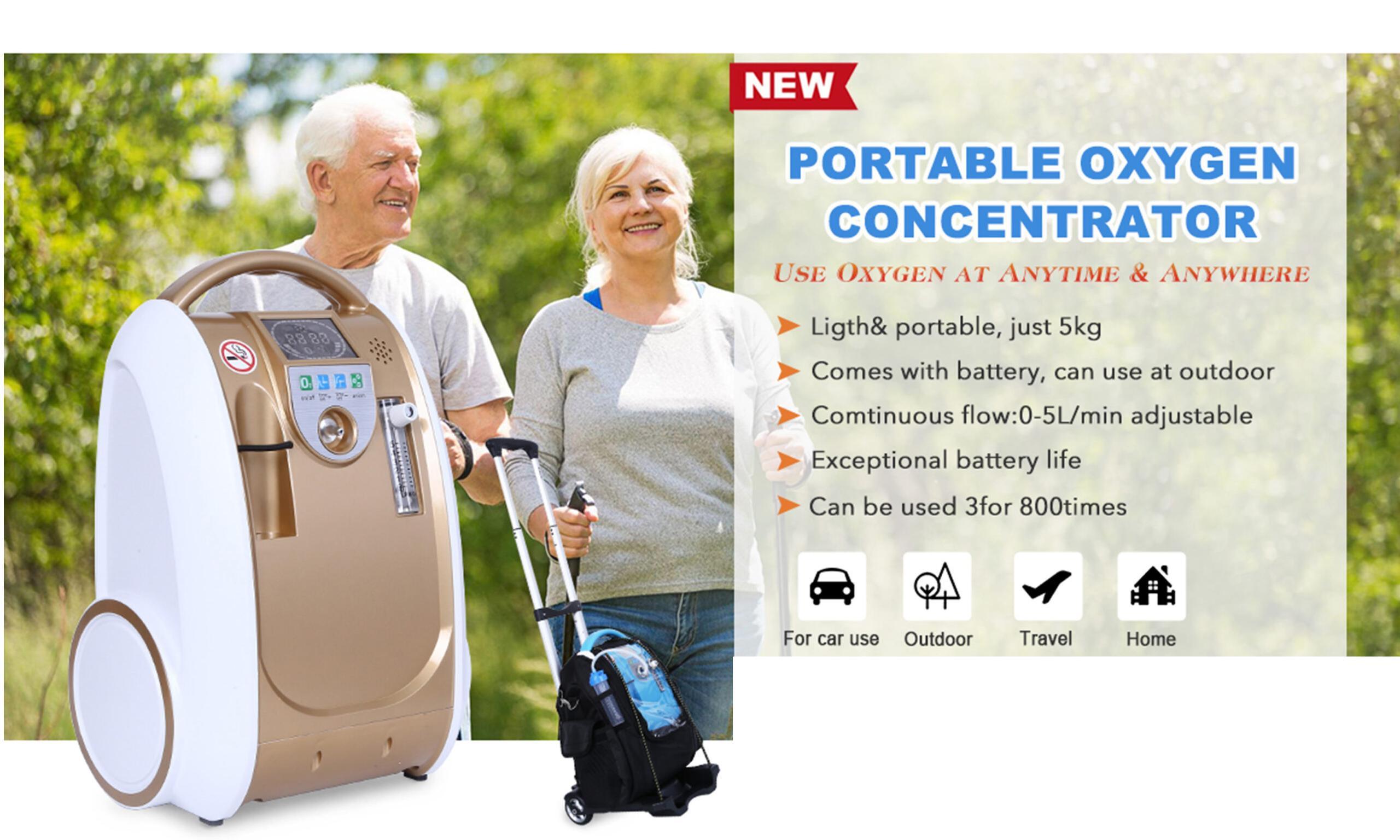 Portable Oxygen Concentrator Household Oxygen Generator O2 Machine With Trolley Battery Car Inverter 24 Hours Continuous