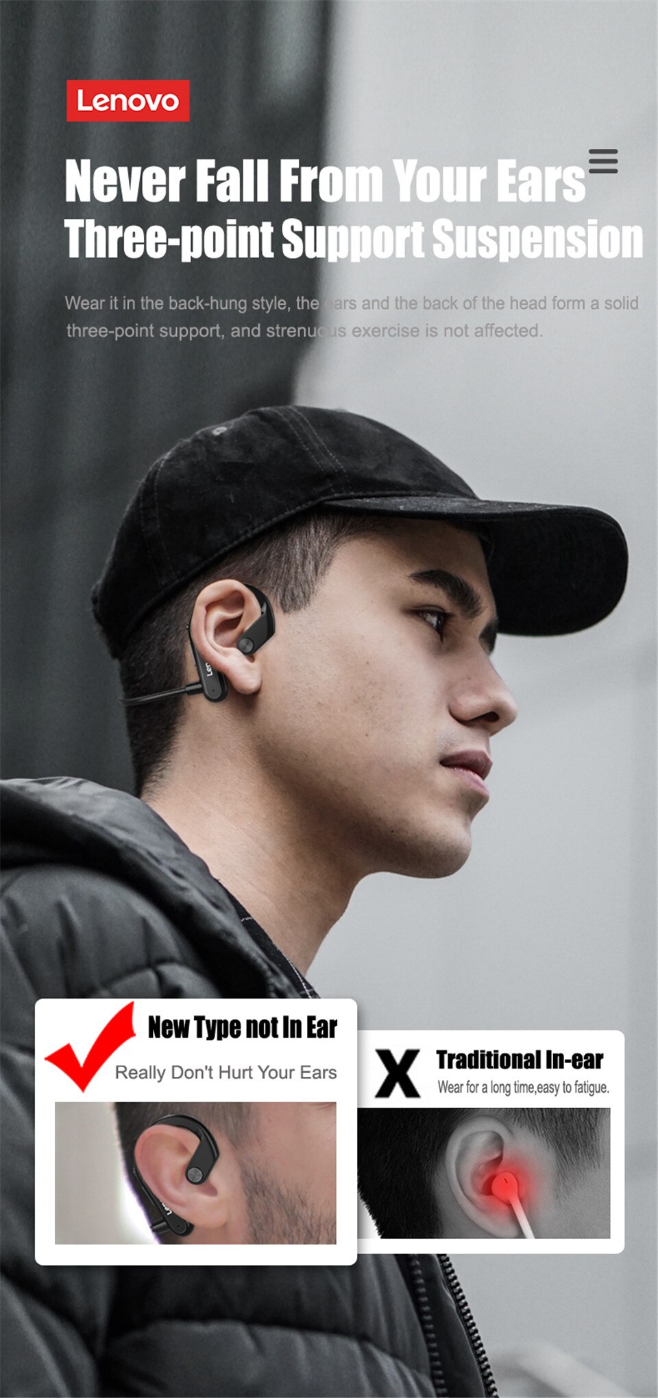 Lenovo X3 Wireless Bluetooth Earphone Bone Conduction Sport Headset IPX5 Waterproof Neckband with Mic Noise Cancelling Earbuds