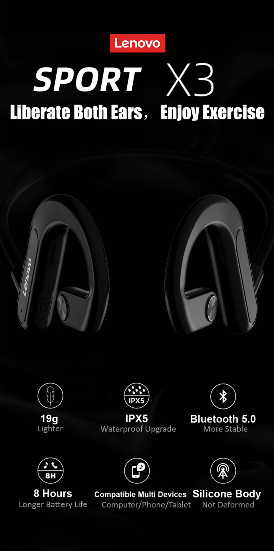 Lenovo X3 Wireless Bluetooth Earphone Bone Conduction Sport Headset IPX5 Waterproof Neckband Earbuds with Mic Noise Cancelling 