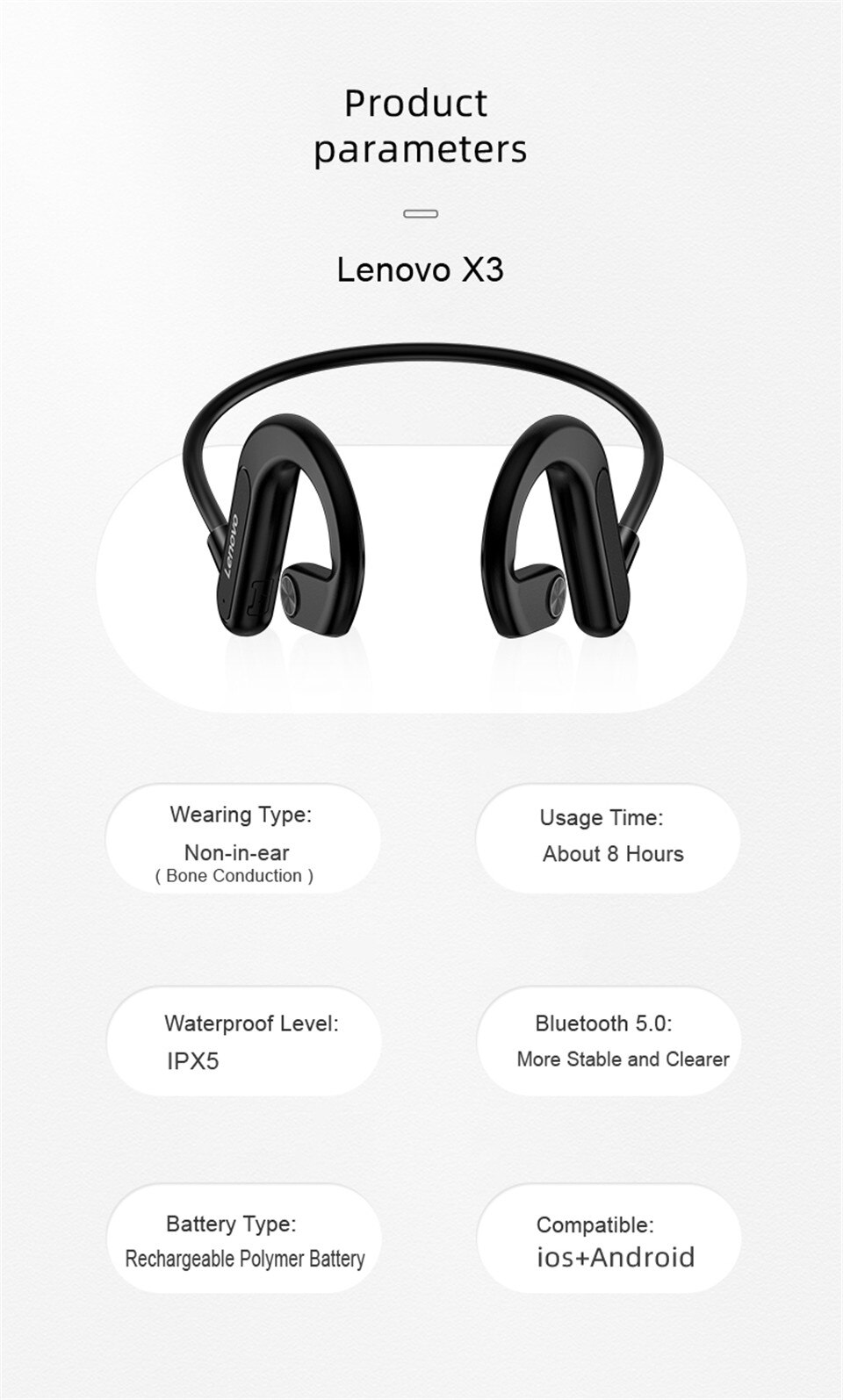 Lenovo X3 Wireless Bluetooth Earphone Bone Conduction Sport Headset IPX5 Waterproof Neckband with Mic Noise Cancelling Earbuds