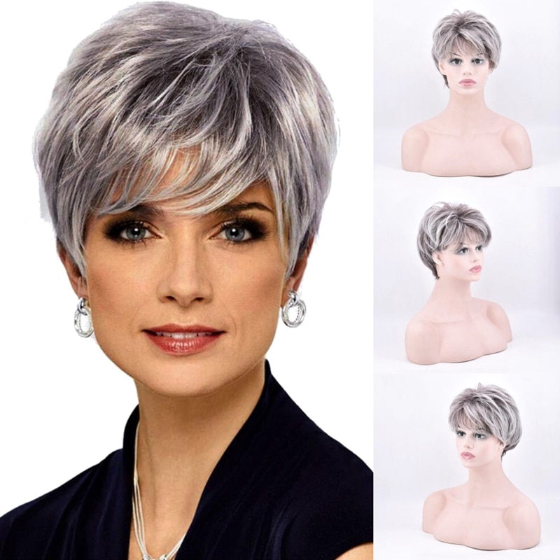 JOY&BEAUTY Short Bob Wavy Wig for Women Synthetic Silver Gray Wigs for Party or Daily Use Heat Resistant Hairstyle wigs