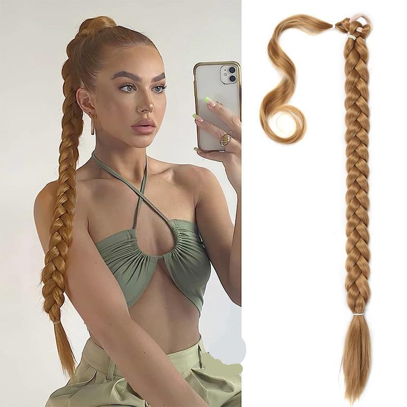 Shangzi Synthetic Braided Ponytail Extensions Long Pony Tail with Hair Tie Rubber Band Hair Blonde 28Inch Heat-Resistant