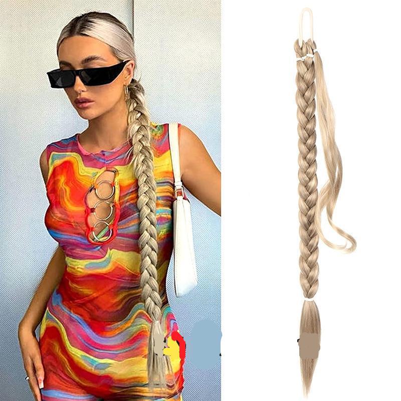 Shangzi Synthetic Braided Ponytail Extensions Long Pony Tail with Hair Tie Rubber Band Hair Blonde 28Inch Heat-Resistant