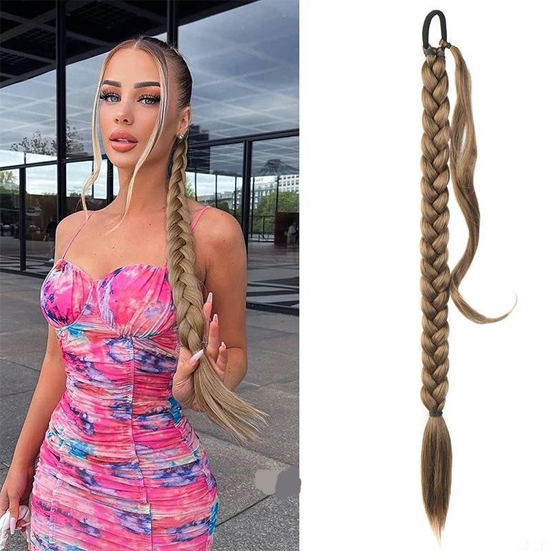 Shangzi Synthetic Braided Ponytail Extensions Long Pony Tail with Hair Tie Rubber Band Hair Blonde 28Inch Heat-Resistant