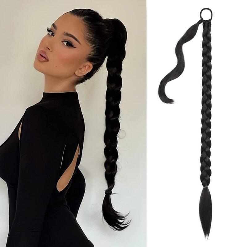 Long Braided Ponytail Extension with Hair Tie Straight Wrap around Hair 28Inch Heat-Resistant