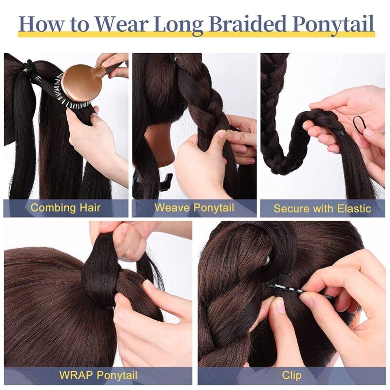 Long Braided Ponytail Extension with Hair Tie Straight Wrap around Hair 28Inch Heat-Resistant - Image 5