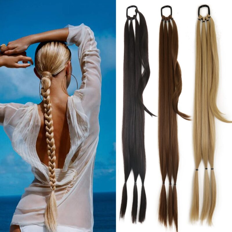 Long Braided Ponytail Extension with Hair Tie Straight Wrap around Hair For Women