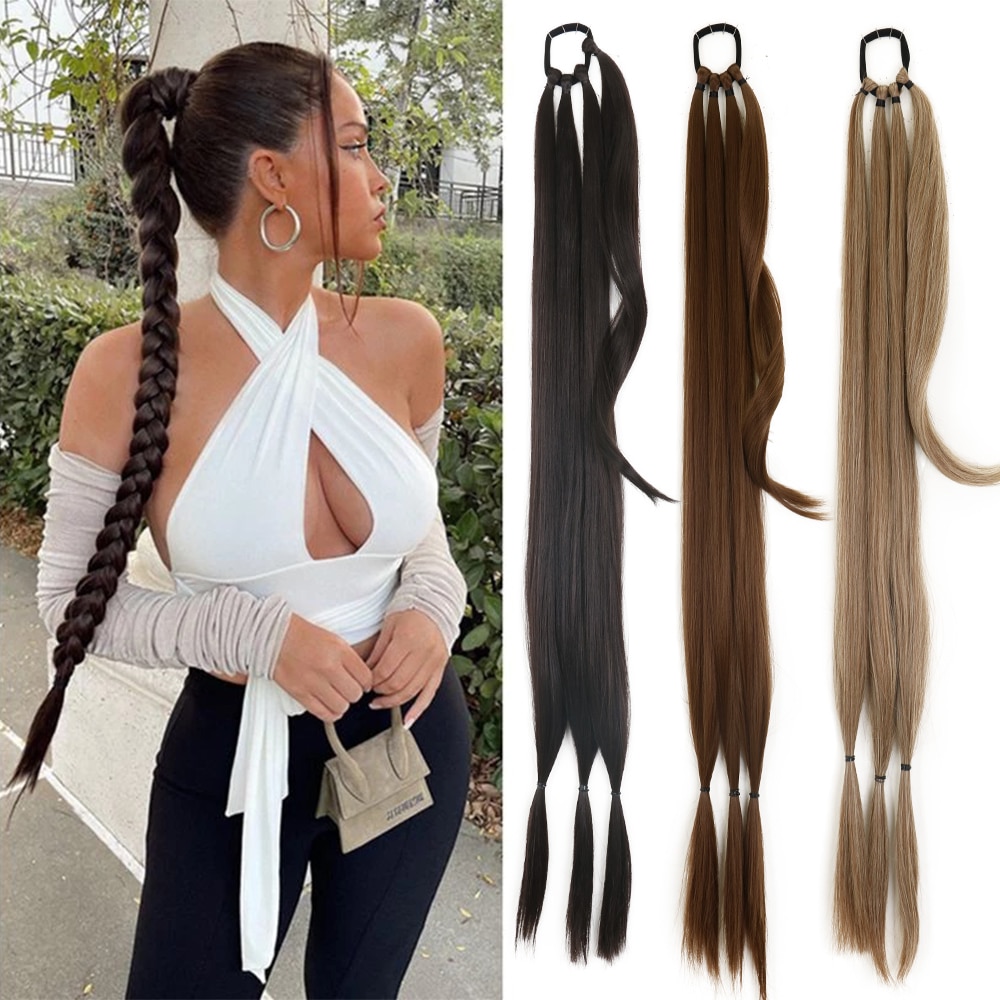 DIY Ponytail Extensions Synthetic Boxing Braids Wrap Around Chignon Tail With Rubber Band Hair Ring 34inch Black Braid